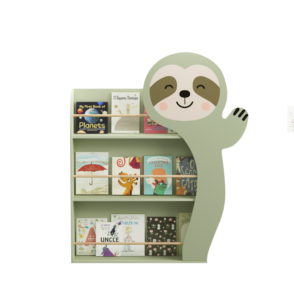 Kids Sloth Bookshelf, Book Rack, Table Chair Set, Sage Green