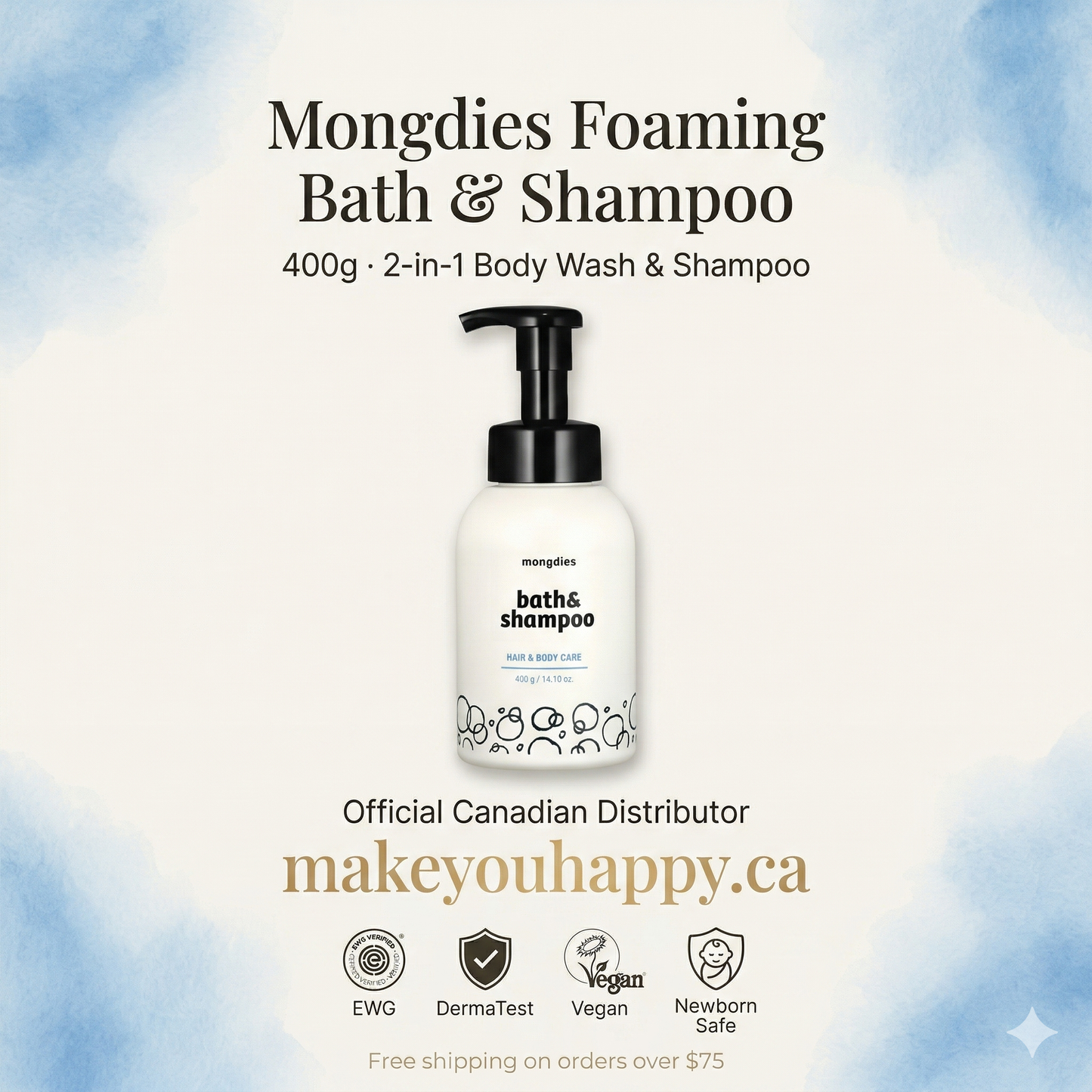 Mongdies Foaming Bath & Shampoo 400g | One-Pump Foam | Zero Rubbing | Tear-Free
