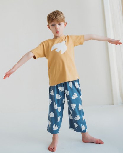 Bird Motif Print T-Shirt: Golden / 2-3 Years