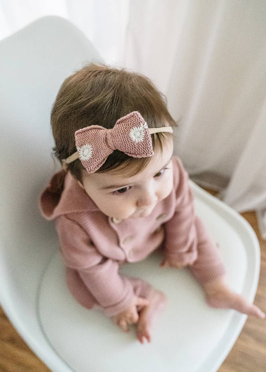 Embroidered Knit Bow Baby Headband (Organic Cotton): Vintage Rose