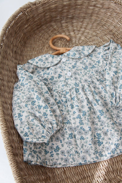 Blue Floral Puff Sleeve Blouse