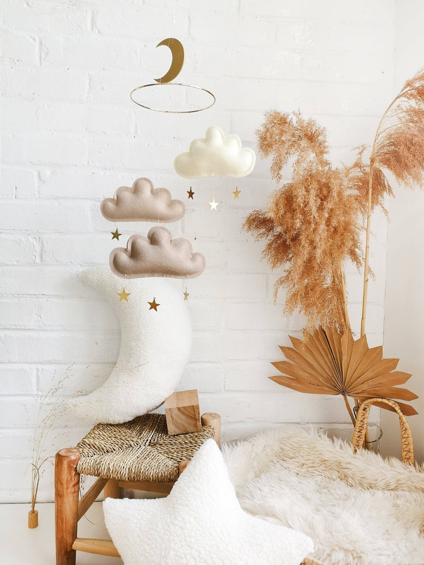 Clouds and stars baby mobile - Ivory, beige, taupe