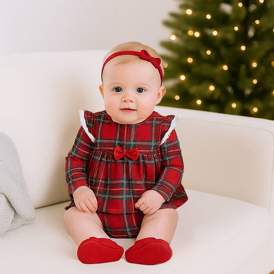 Christmas Bamboo Baby Skirted Bodysuit – Red Tartan Plaid: 6-9M