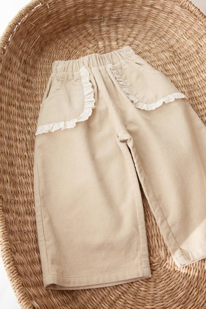 Beige/Cord Frill Pocket Wide Leg Trousers