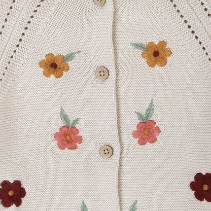 Floral Embroidered Pearl Knit Baby Cardigan Sweater -Organic: Stone / 18-24M
