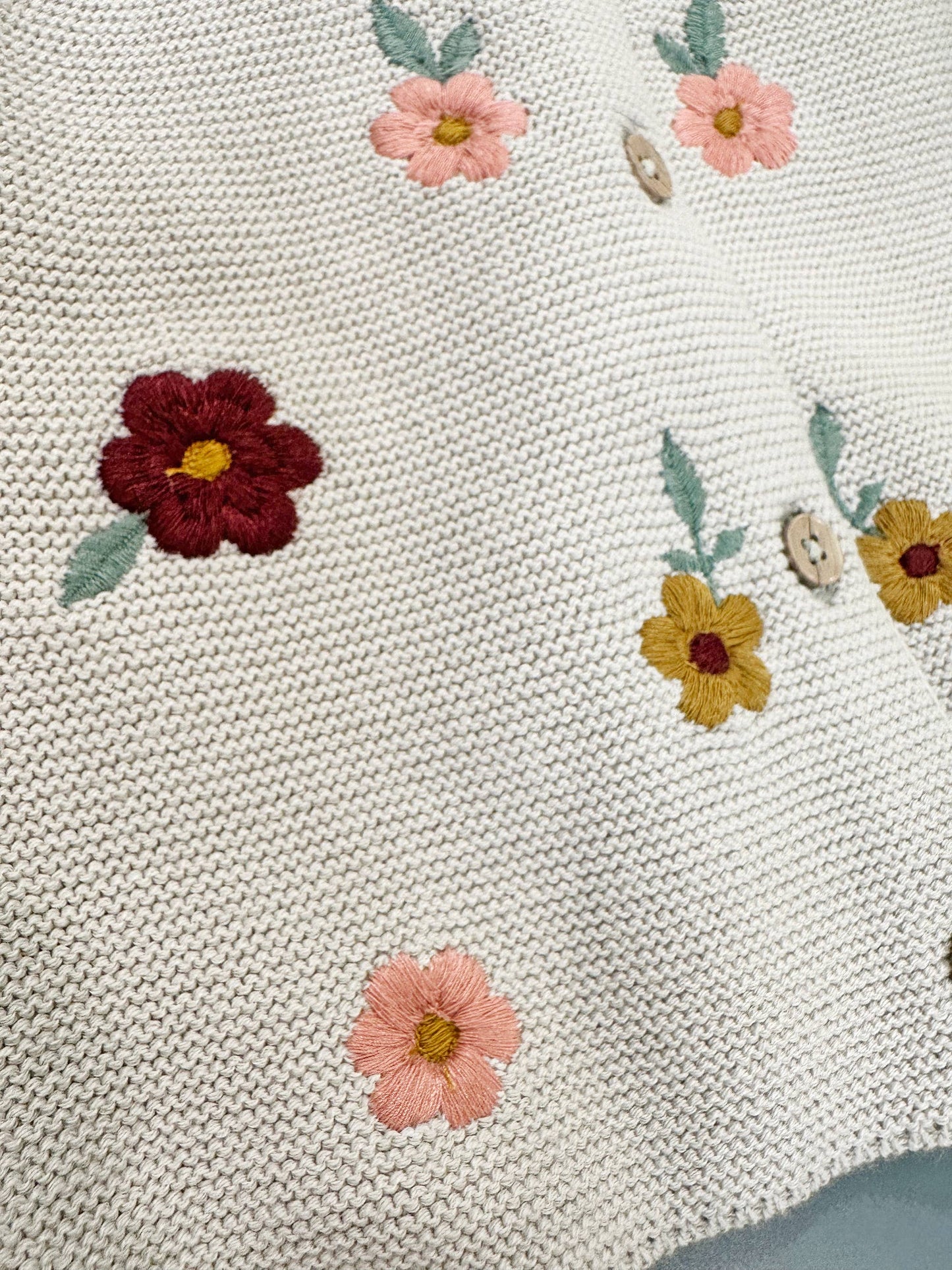 Floral Embroidered Pearl Knit Baby Cardigan Sweater -Organic: Stone / 18-24M