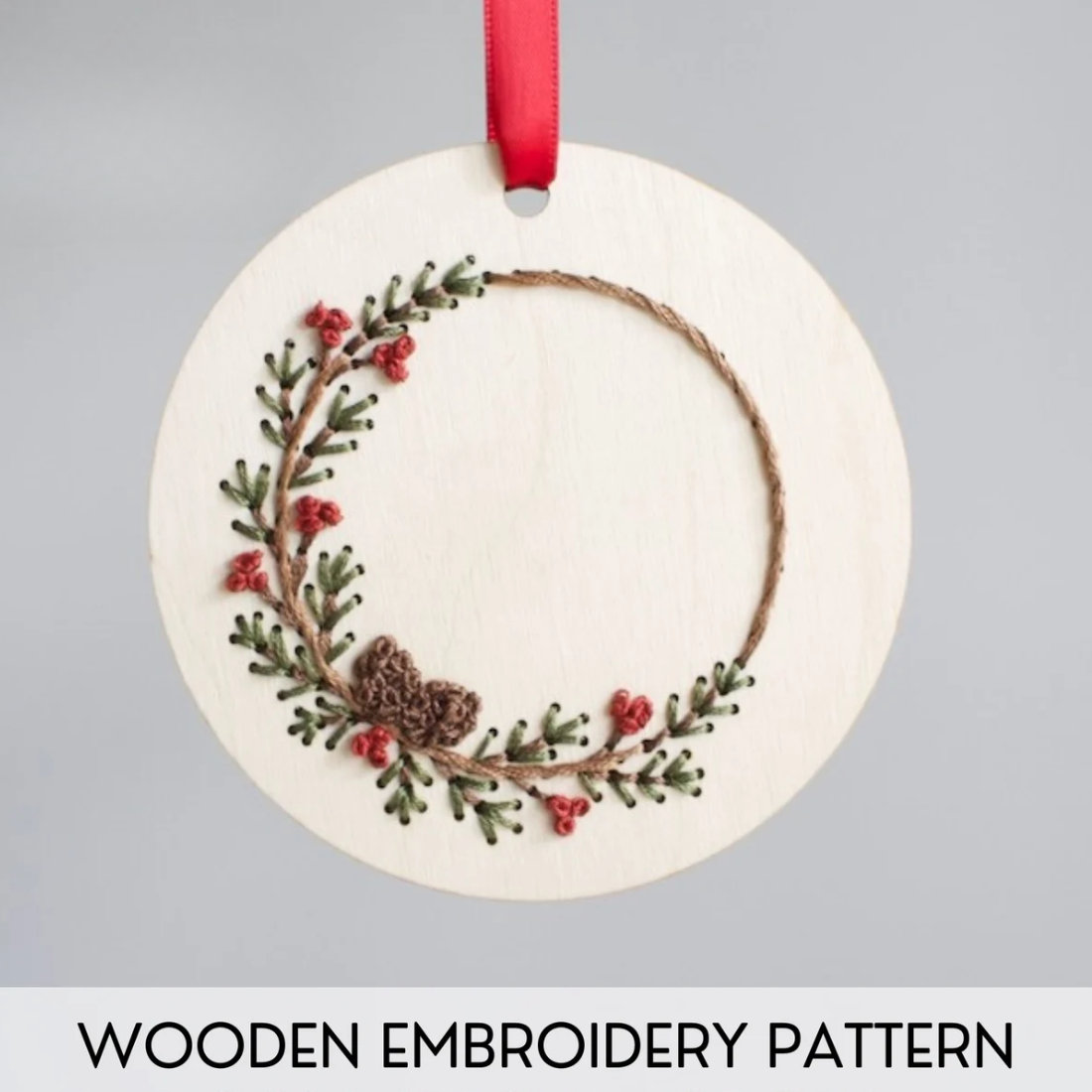 Pinecone Wreath Ornament - DIY Wood Embroidery Kit: Cellophane Bag
