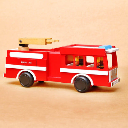 Wooden Fire Truck Toy – 15” Ladder Engine with 4 Firefighters