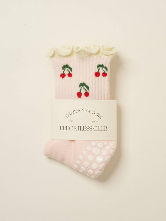 🍒 Cherry Ruffle Grip Sock [Baby Pink], Pilates Socks