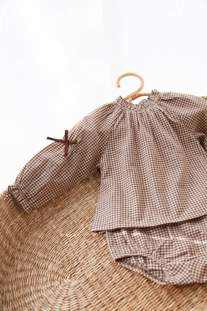 Brown/Gingham Bow Sleeve Blouse & Bloomer Set