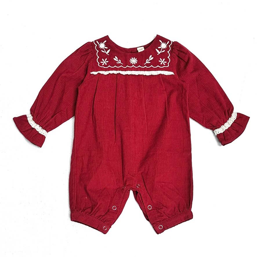 Embroidered Corduroy Festive Baby Jumpsuit (Organic): Pinot Red / 6-12M