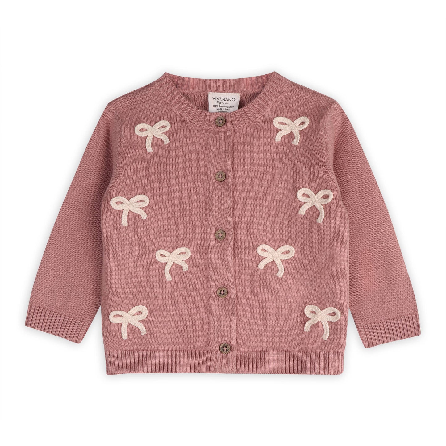 Zoe Bow Sweater Knit Baby Button Cardigan (Organic): Vintage Rose / 0-3M