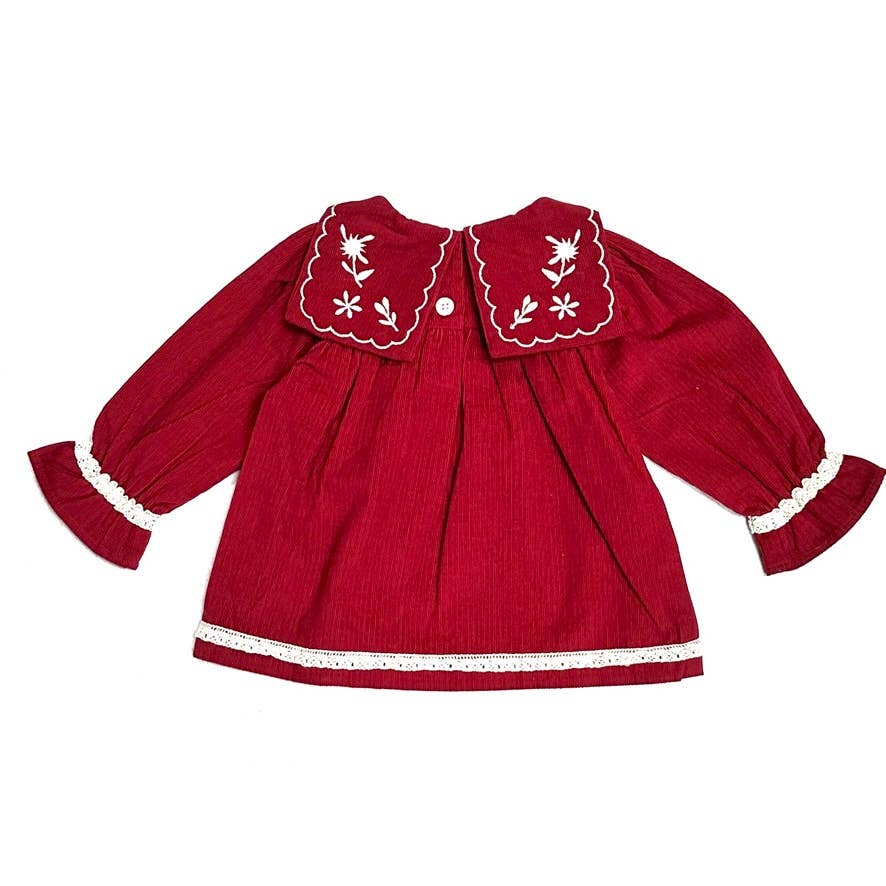 Sailor Collar Embroidered Corduroy Baby Dress (Organic): Pinot Red / 18-24M
