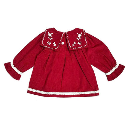 Sailor Collar Embroidered Corduroy Baby Dress (Organic): Pinot Red