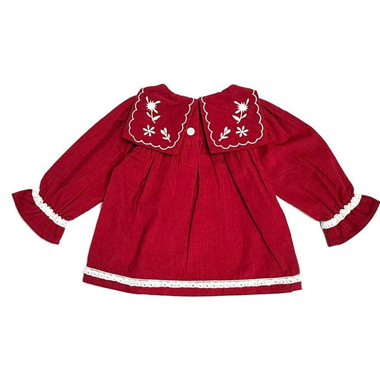 Sailor Collar Embroidered Corduroy Baby Dress (Organic): Pinot Red