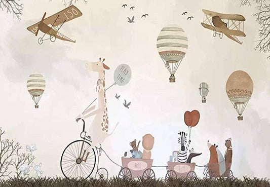 Vintage Hot Air Balloons, Animals Removable Wallpaper: Peel and Stick Vinyl / W:112" x H:75"