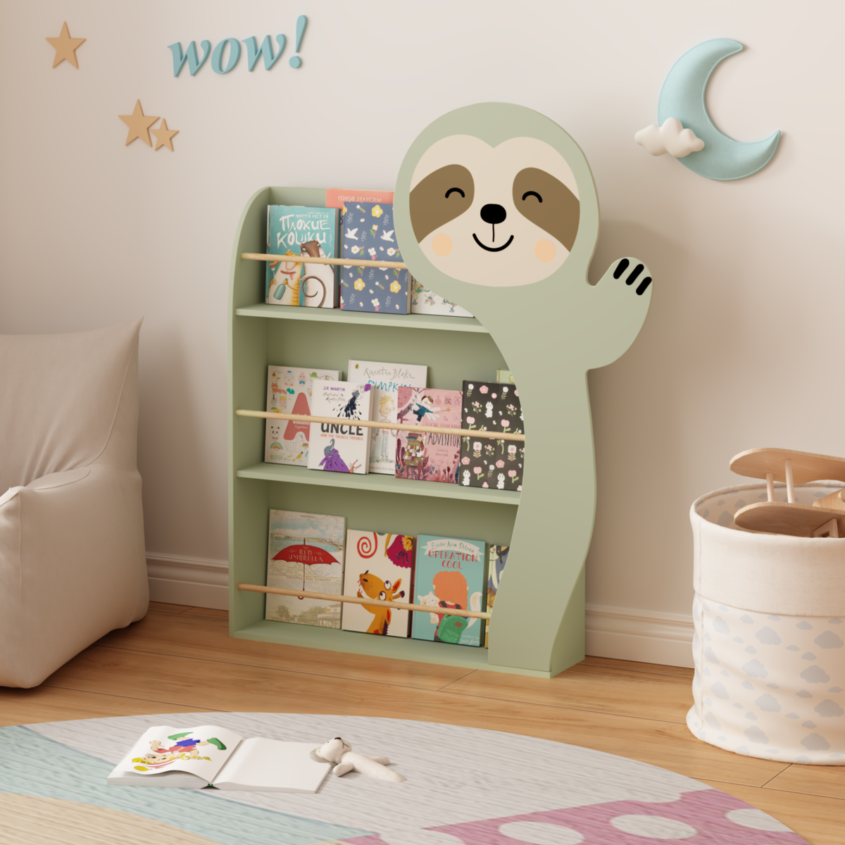 Kids Sloth Bookshelf, Book Rack, Table Chair Set, Sage Green