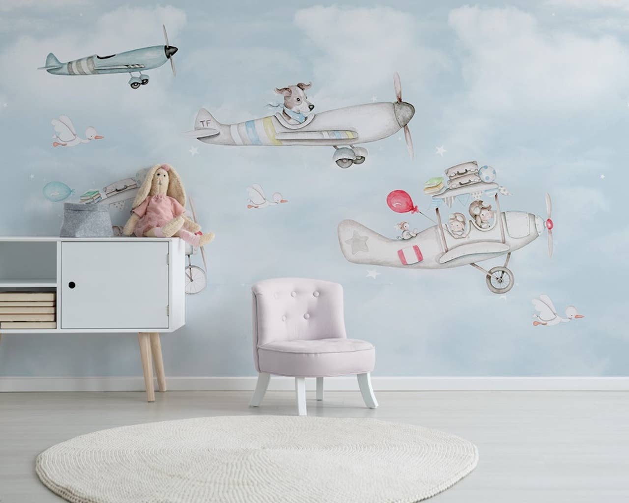 Cartoon Aircraft Sky Landscape Removable Kids Wallpaper: Peel and Stick Vinyl / W:55" x H:35"