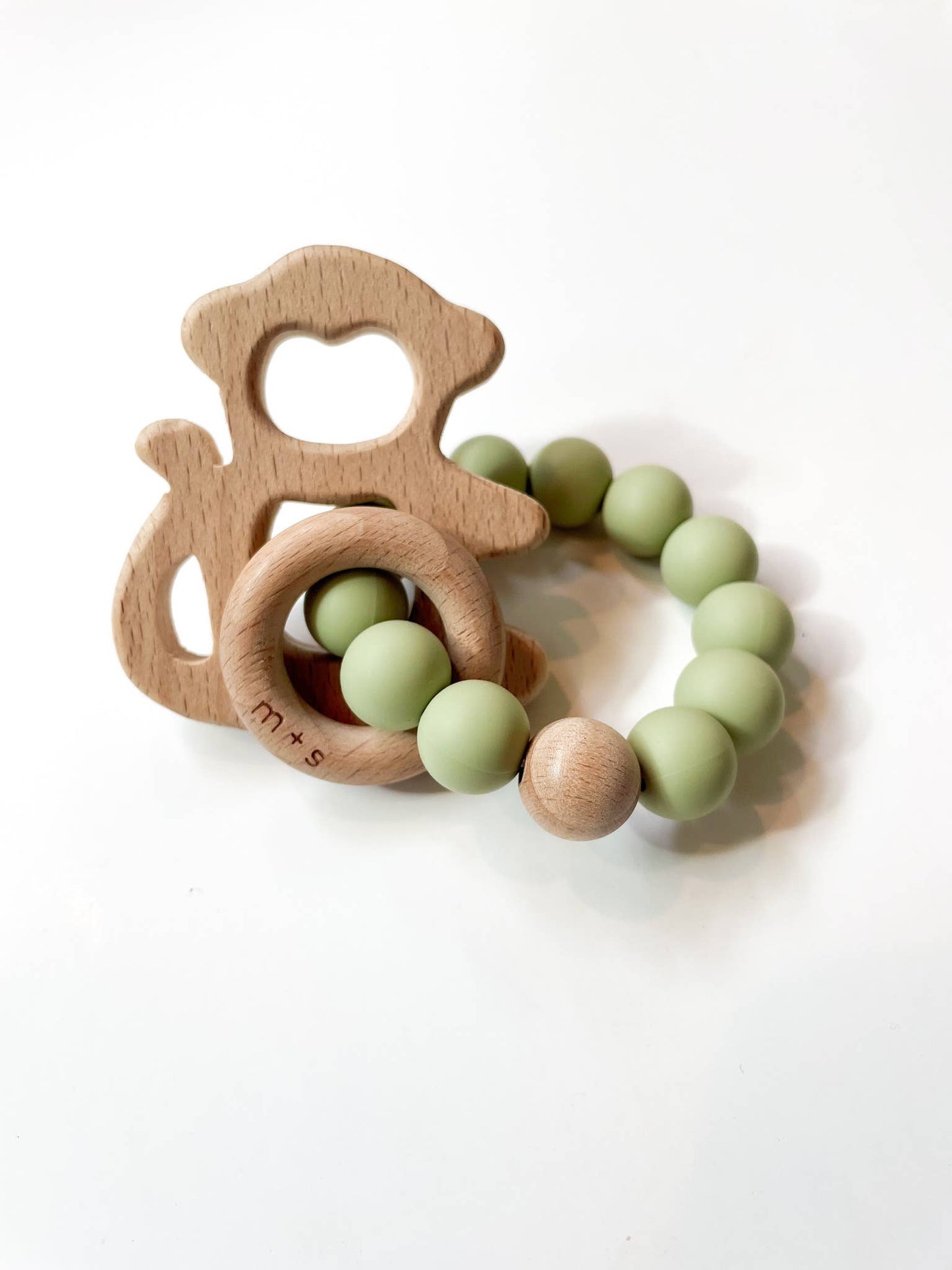 Monkey Teether- Silicone and Beech Wood: Peach