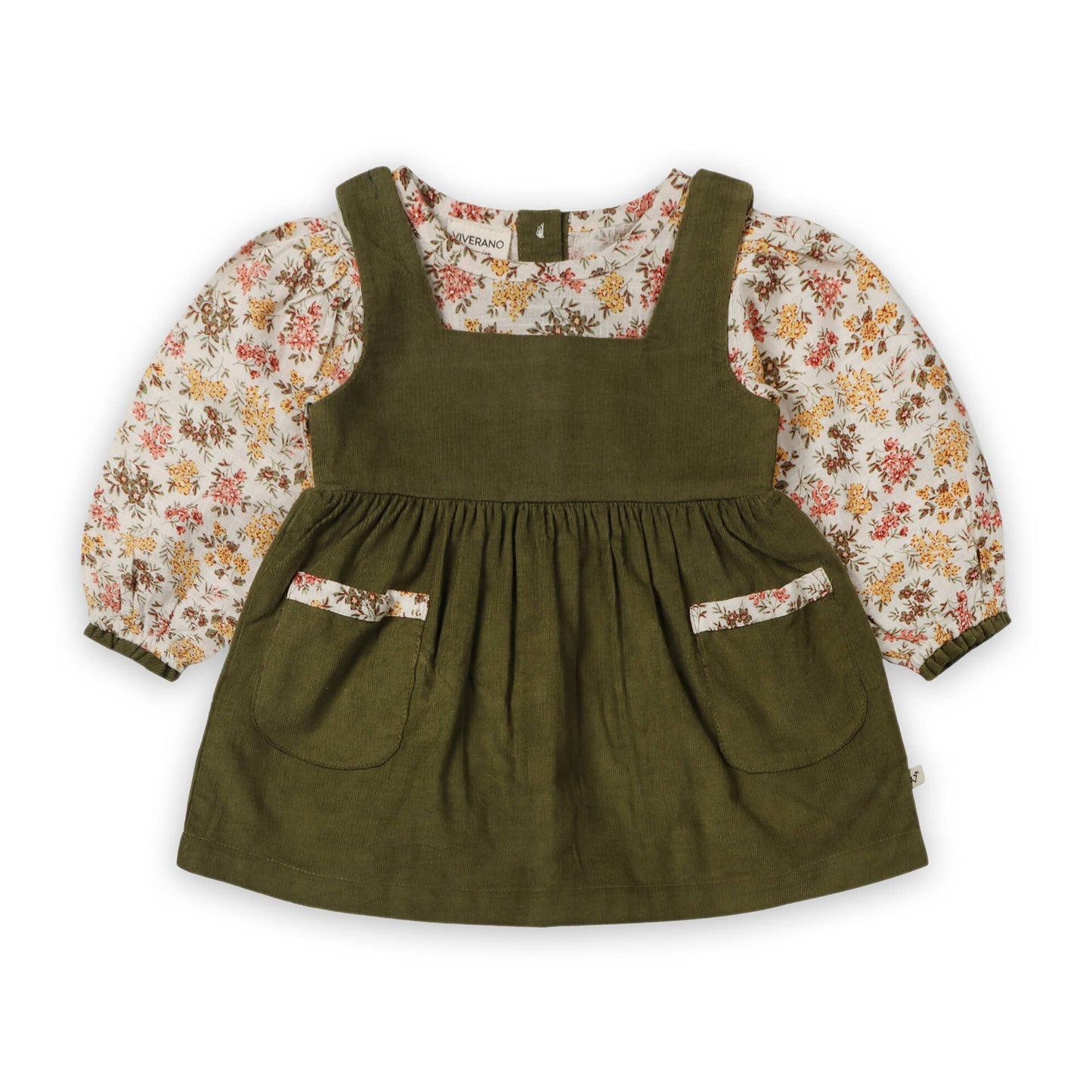 Lilith Floral Baby Pinafore Dress & Bloomer (Organic Cotton): Multi-Floral/Green / 3-6M