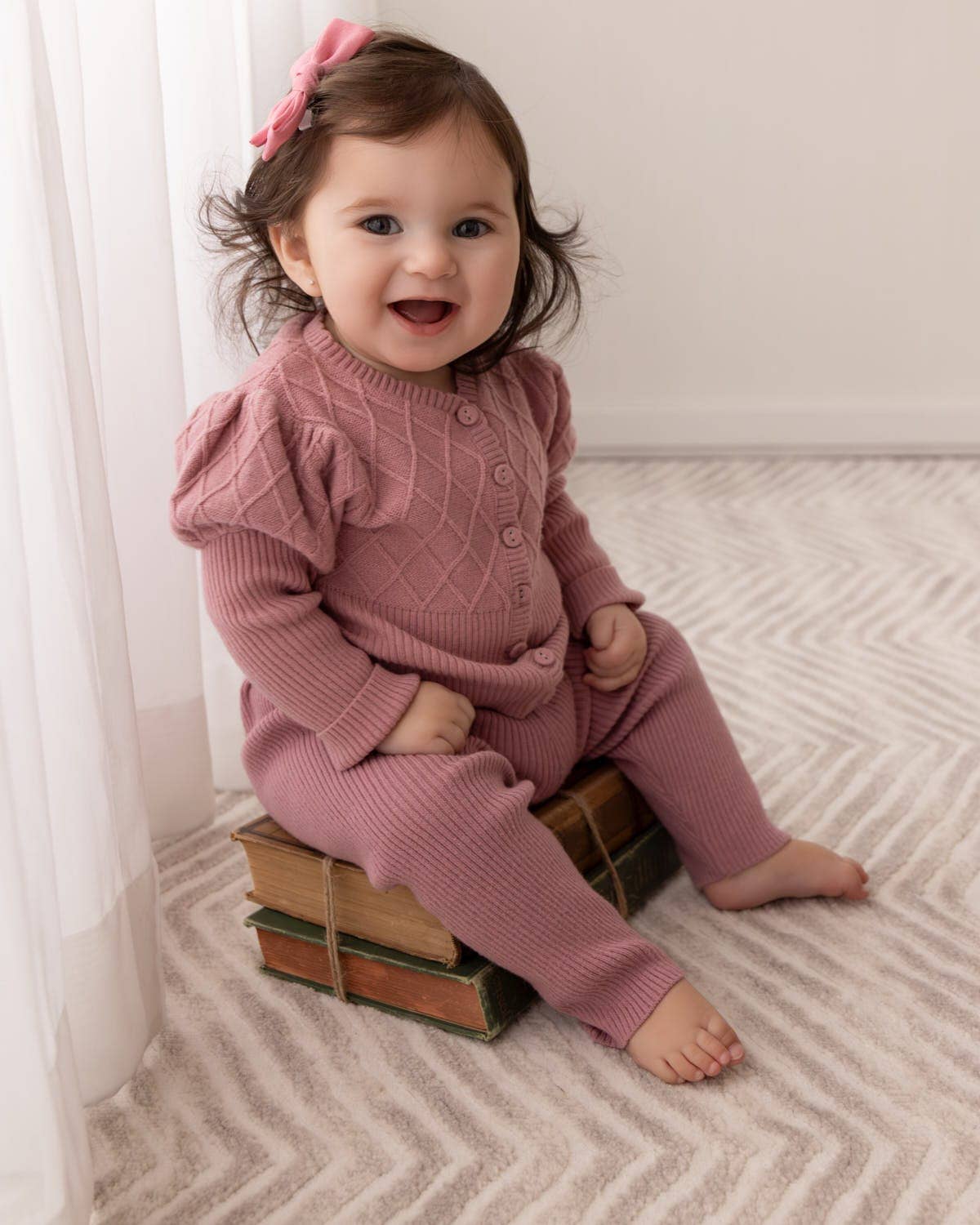 Juliet Mixed Knit Cardigan 2 Pc Set: Bridal Rose / 12 Months