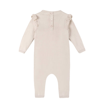 Floral Embroidered Ruffle Baby Sweater Jumpsuit (Organic): Stone