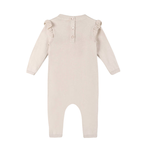Floral Embroidered Ruffle Baby Sweater Jumpsuit (Organic): Stone