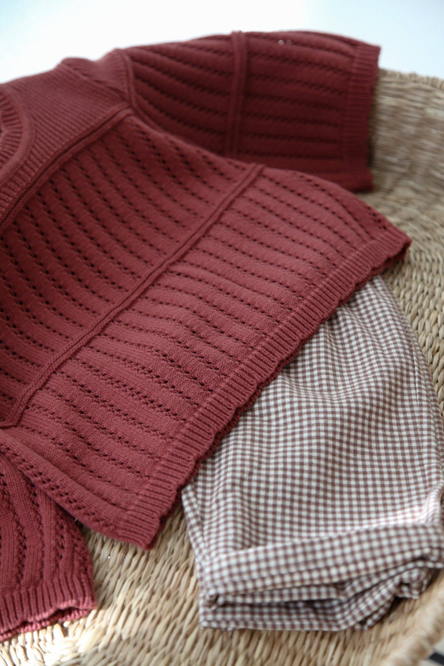 Dusky/Berry Cotton Flare Sleeve Openwork Knit Jumper: 3-4y