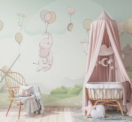 Kids Little Elephant Animal Cartoon Windmill Wallpaper Mural: Vinyl / W:75" x H:49"