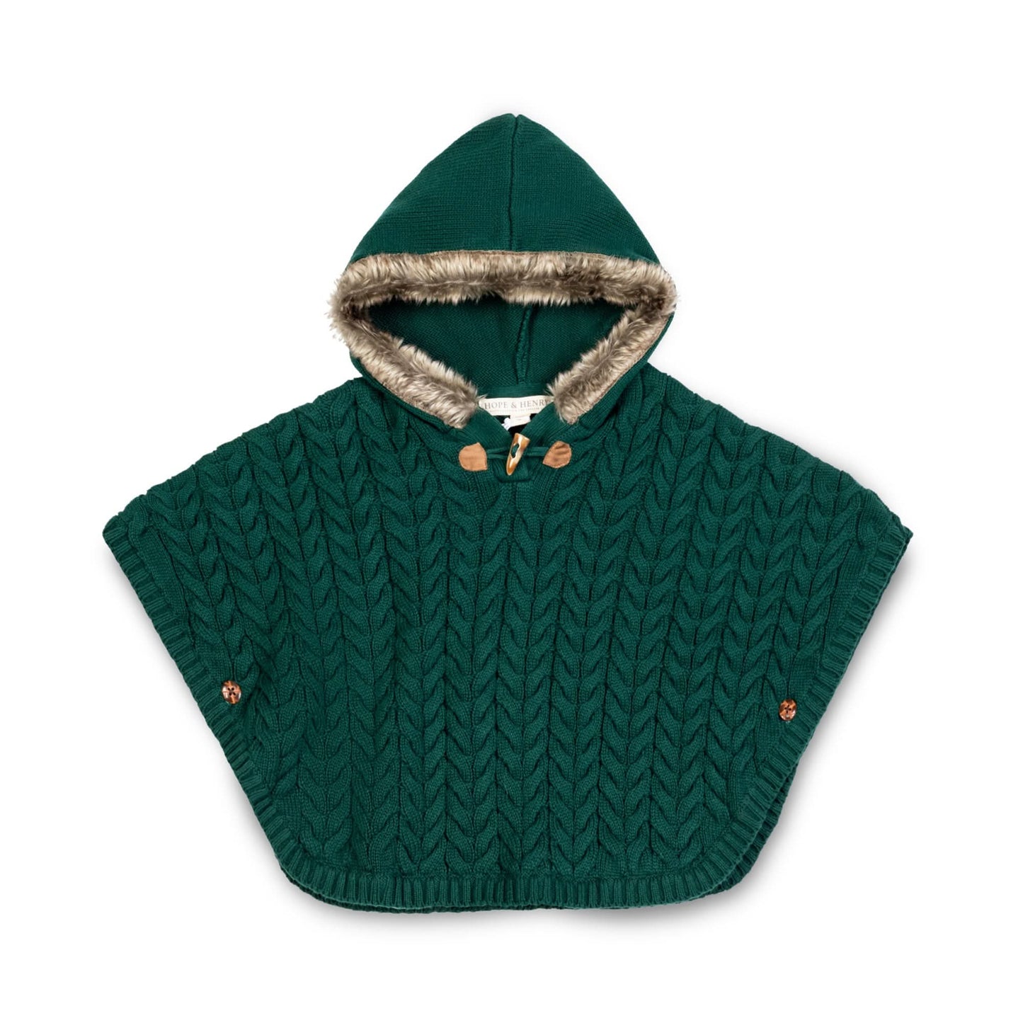 Sweater Cape with Faux Fur Hood: Deep Green Cable / XX-Small
