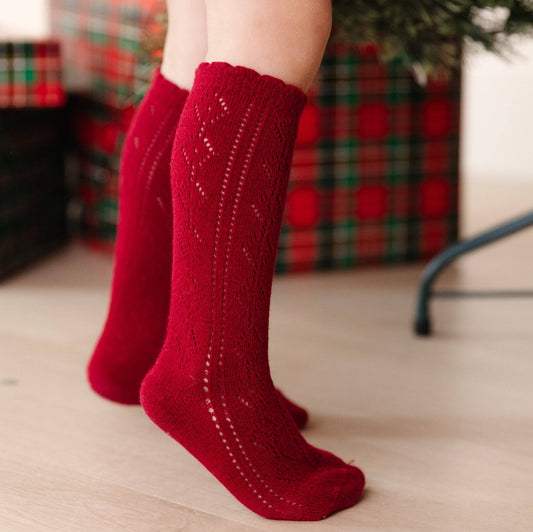 Scalloped Fancy Knee High Socks - Crimson: 7-10 YEARS