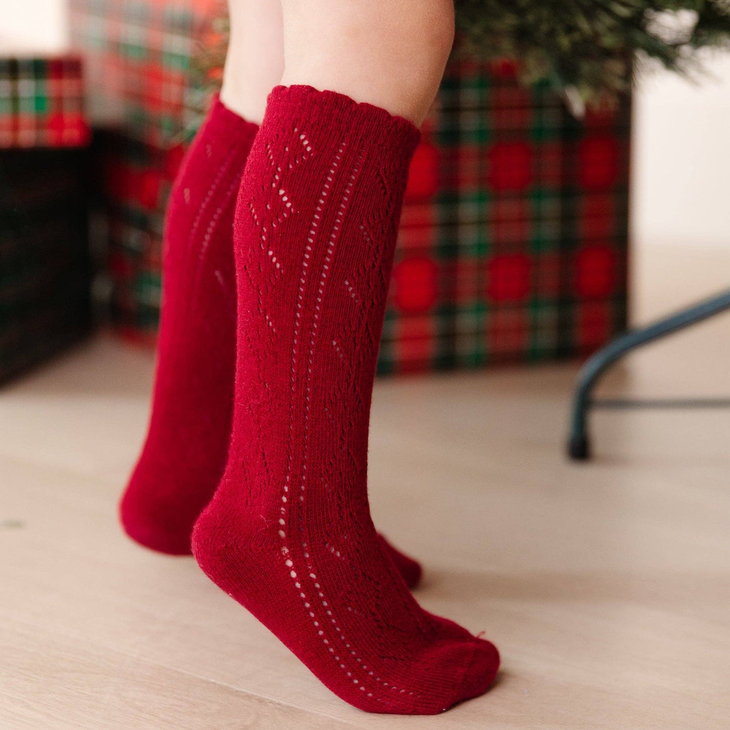 Scalloped Fancy Knee High Socks - Crimson: 1.5-3 YEARS