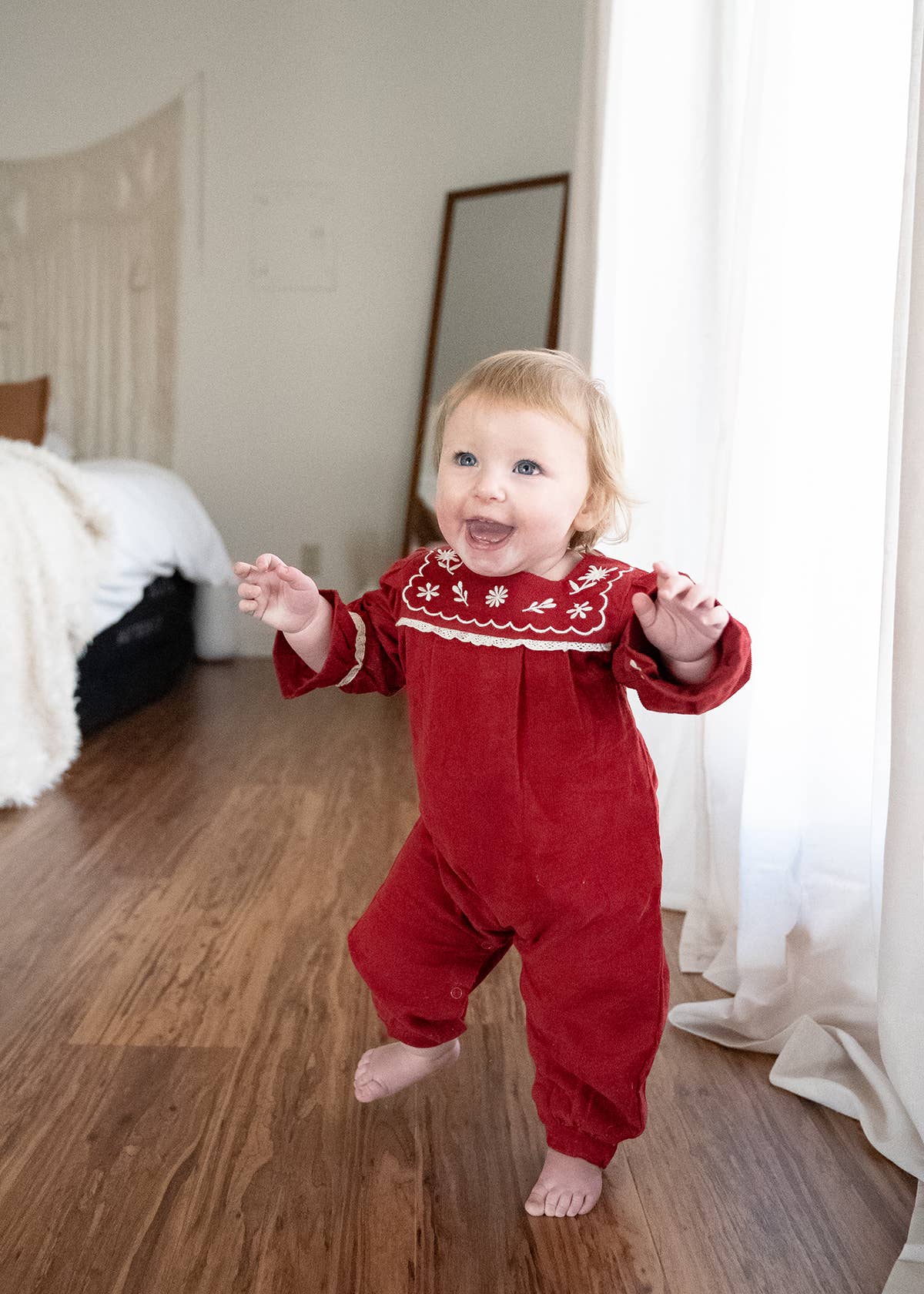Embroidered Corduroy Festive Baby Jumpsuit (Organic): Pinot Red / 12-18M