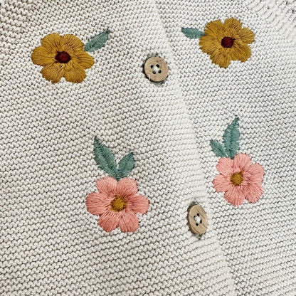 Floral Embroidered Pearl Knit Baby Cardigan Sweater -Organic: Stone / 18-24M