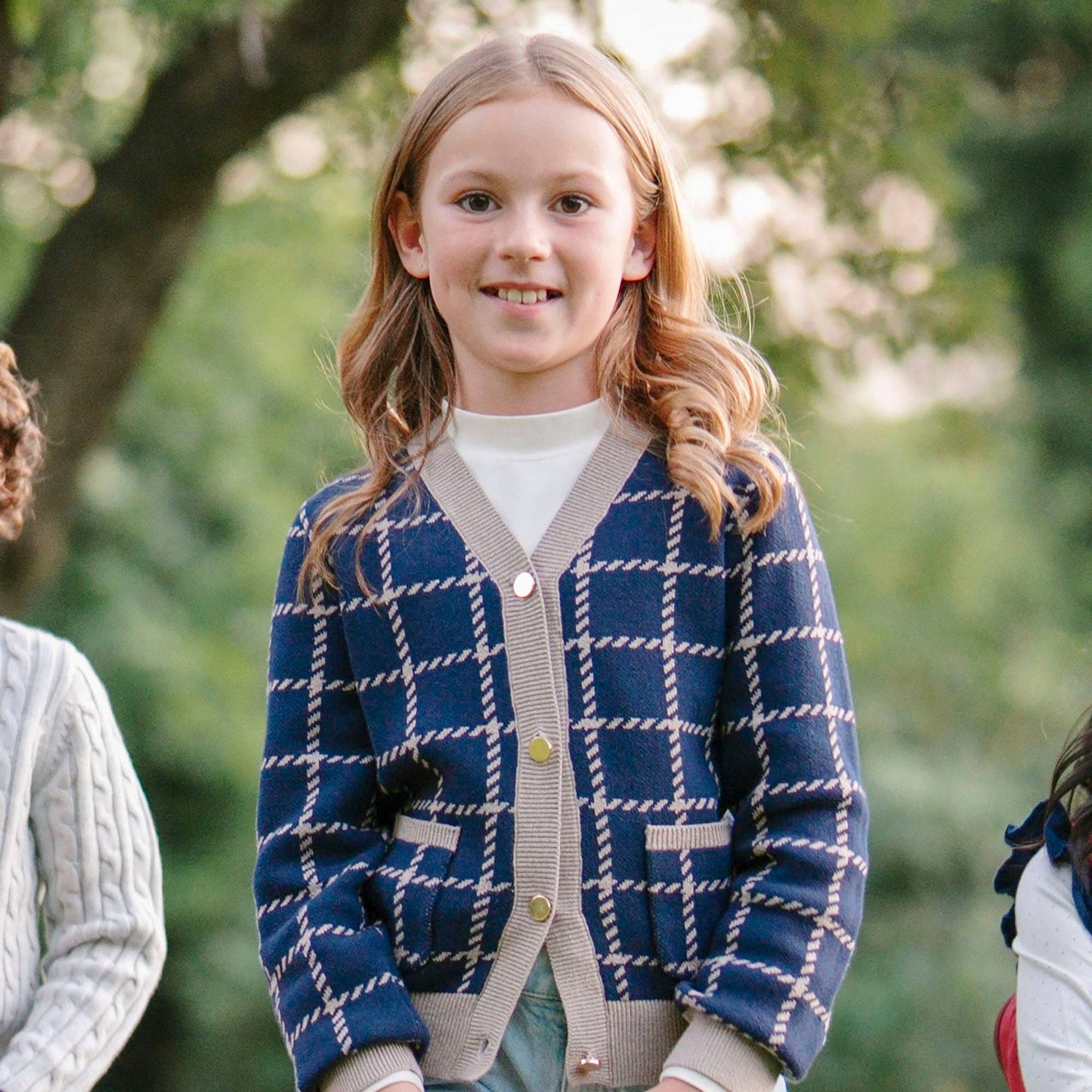 Organic Boyfriend Cardigan: Navy and Taupe Windowpane / X-Small