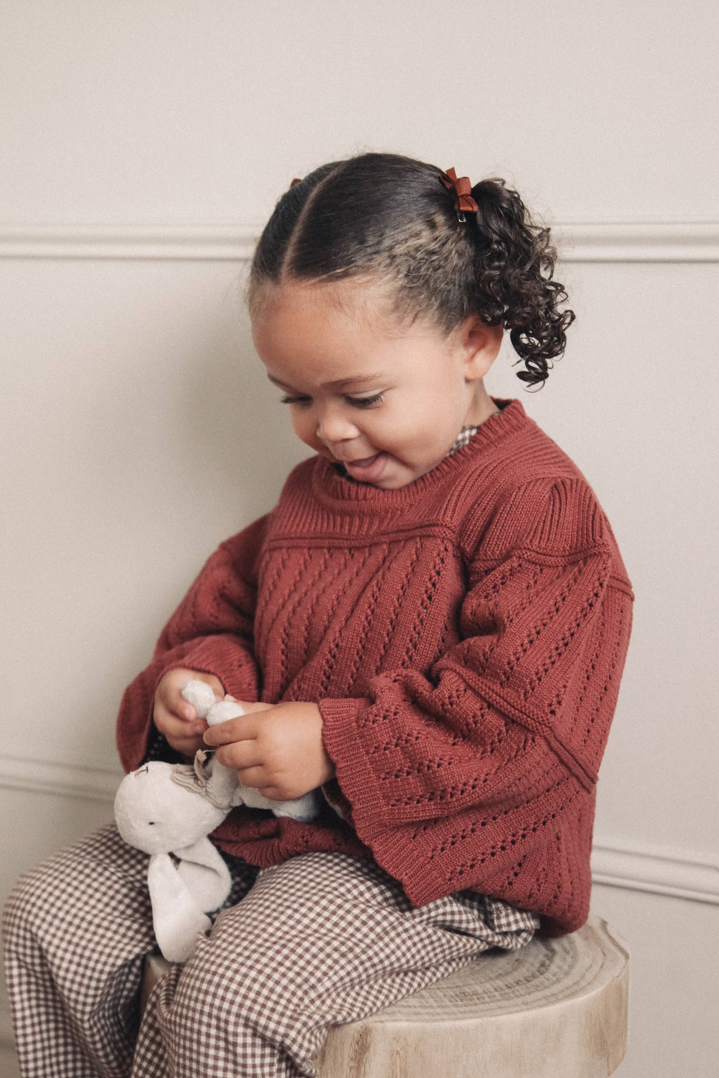 Dusky/Berry Cotton Flare Sleeve Openwork Knit Jumper: 18-24m