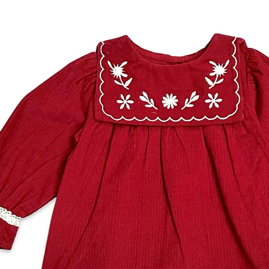 Sailor Collar Embroidered Corduroy Baby Dress (Organic): Pinot Red / 3-4Y
