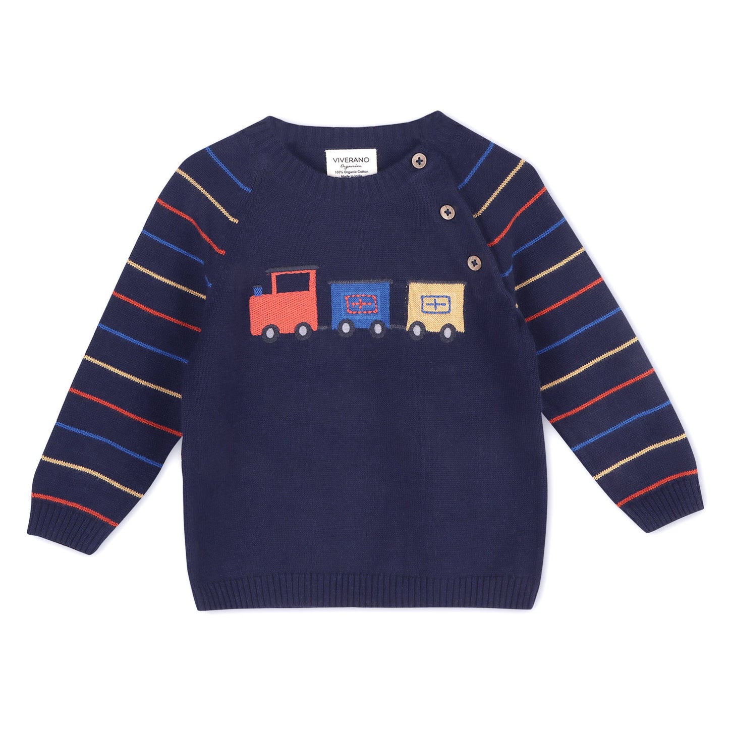 Train Jacquard Knit Baby Raglan Pullover Sweater (Organic): Navy Blue / 12-18M