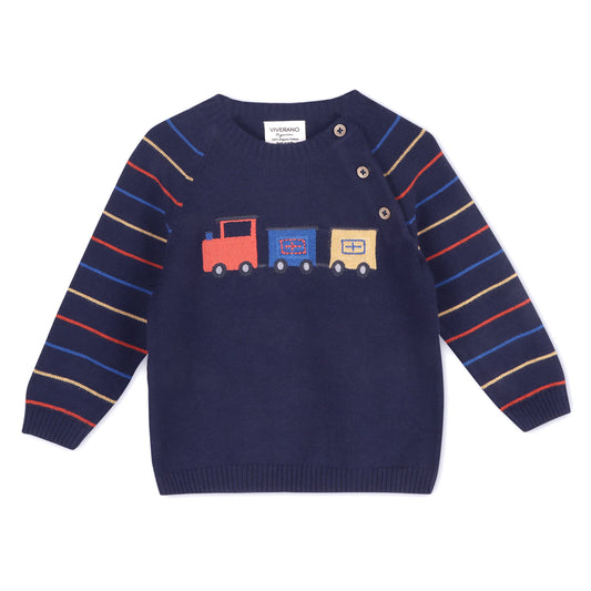 Train Jacquard Knit Baby Raglan Pullover Sweater (Organic): Navy Blue / 12-18M