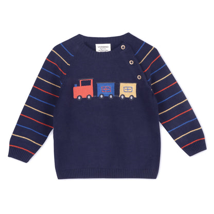 Train Jacquard Knit Baby Raglan Pullover Sweater (Organic): Navy Blue
