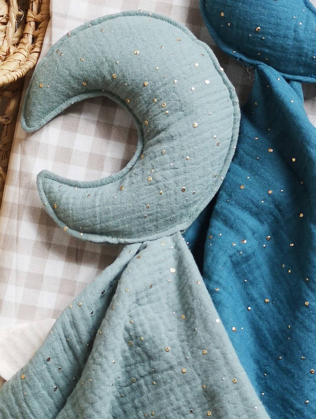 Moon comforter - Baby security blanket: NAVY WITH GOLD DOTS