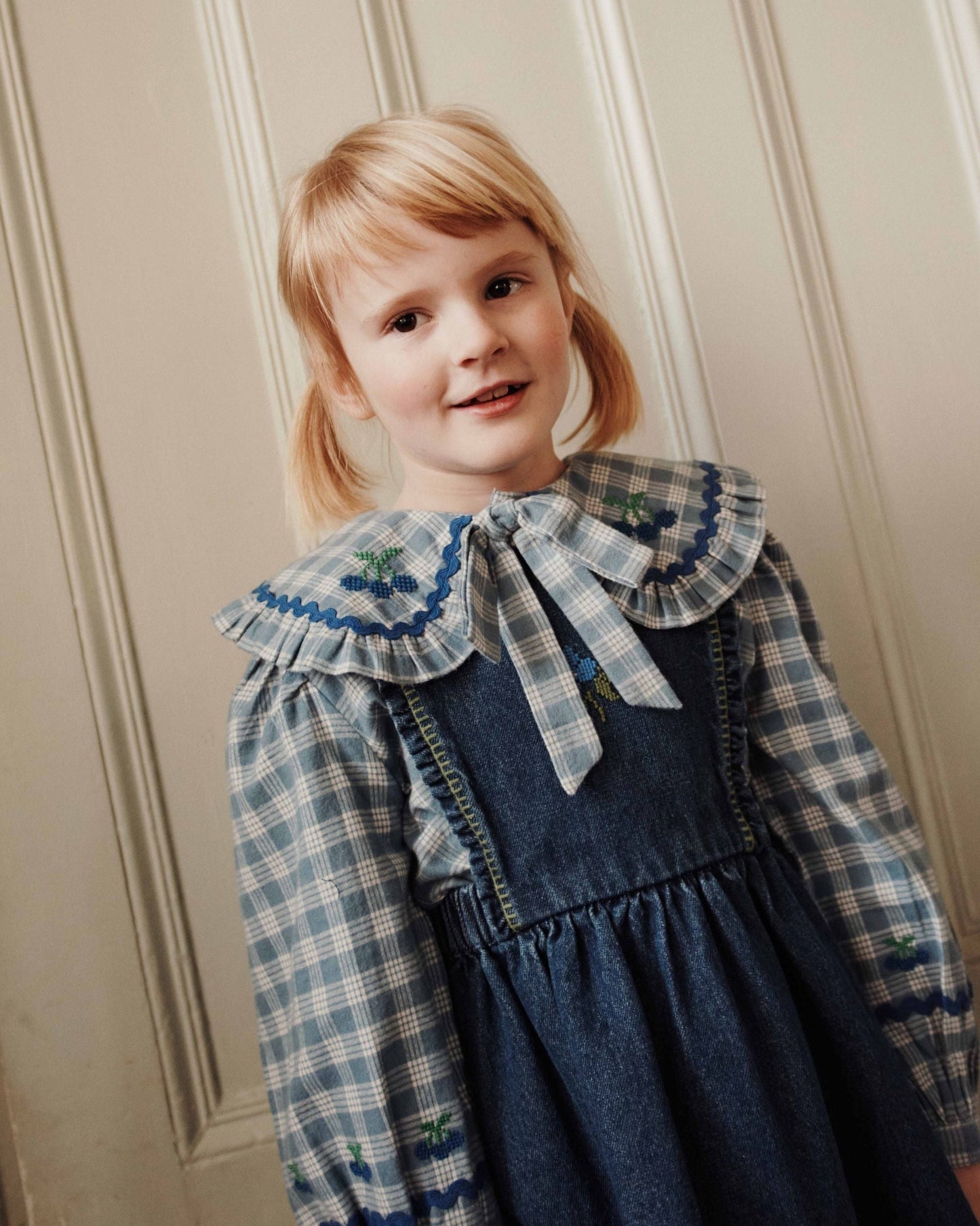 Pinafore Dress - Embroidered Blue Denim
