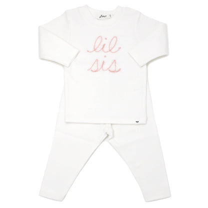 "lil sis" Pink Sparkle Embroidered 2PC Set: Cream / 3-6 mo