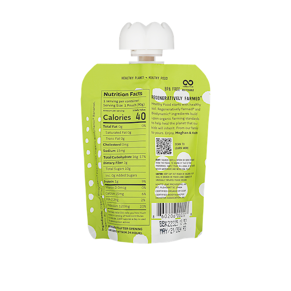 Organic Regenerative Pear+Banana+Kiwi Puree: 24 (90g) pouches