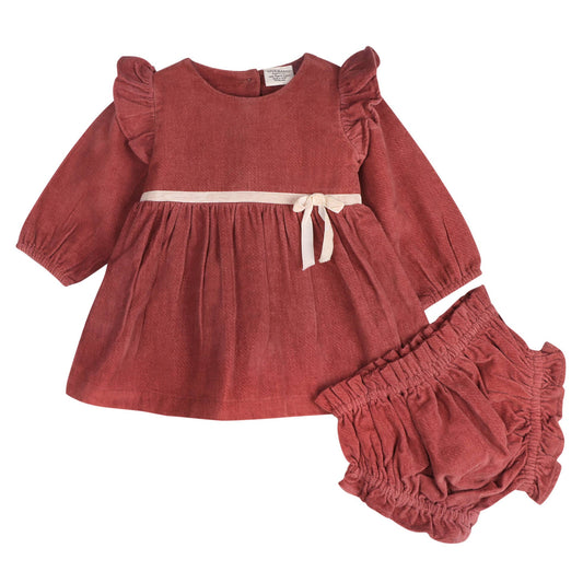 Amber Velvet Baby Dress & Bloomer Set (Organic Cotton): Terracotta / 12-18M