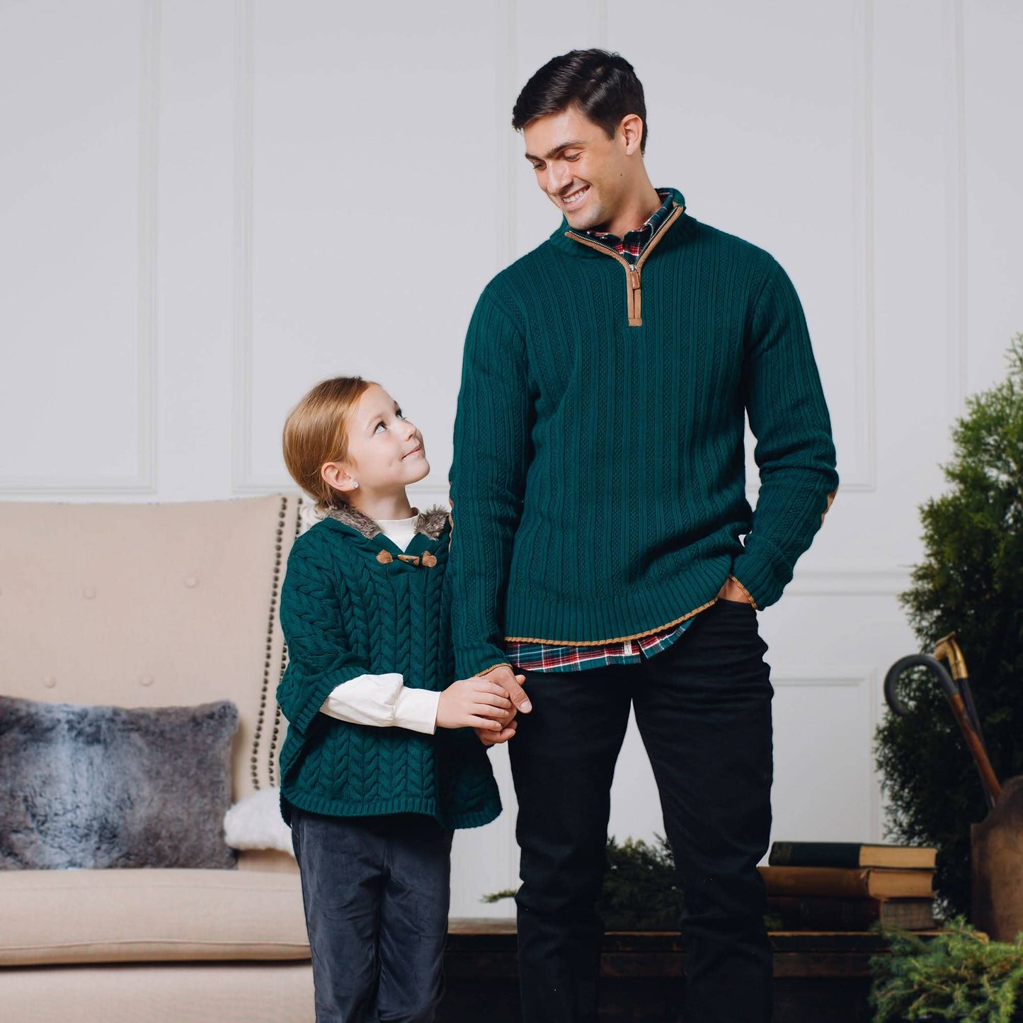 Sweater Cape with Faux Fur Hood: Deep Green Cable / XX-Small