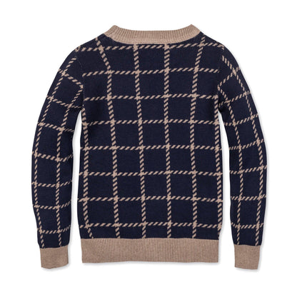 Organic Boyfriend Cardigan: Navy and Taupe Windowpane / X-Small