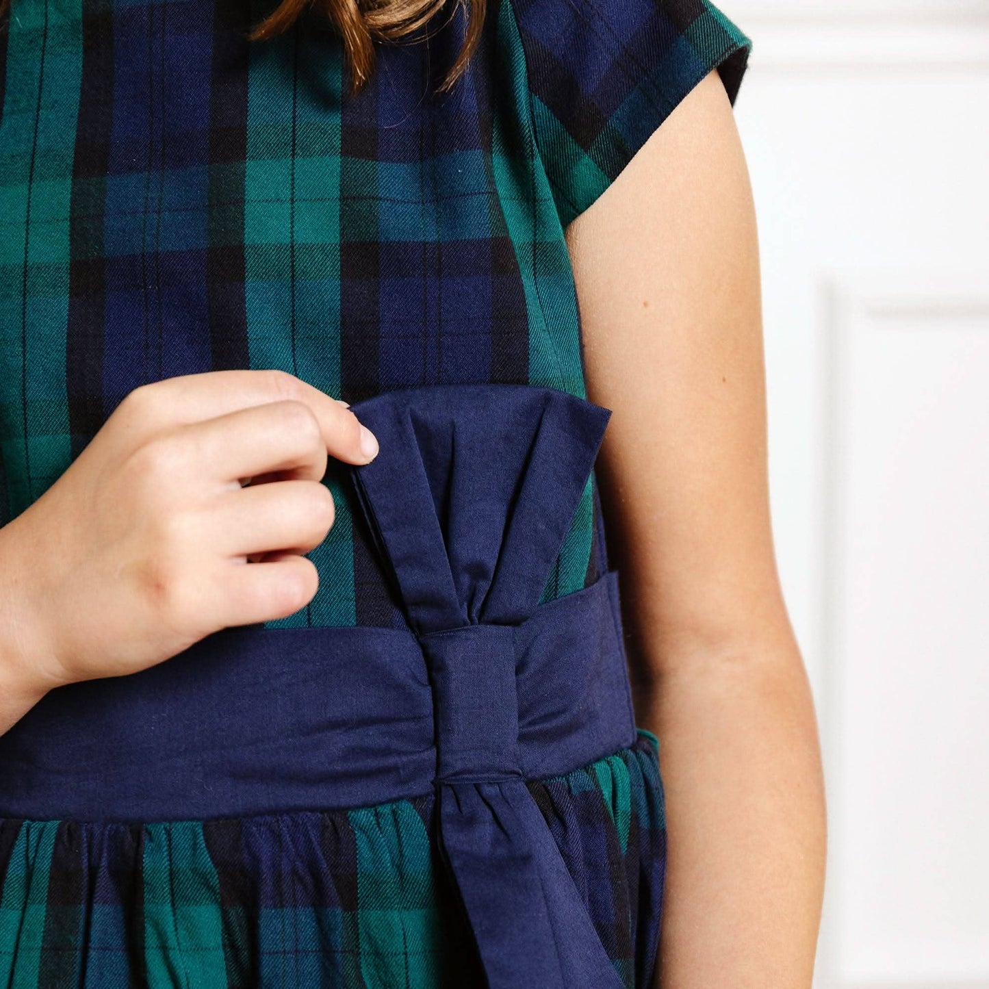 Cap Sleeve Organic Party Dress with Bow Sash: Black Watch Tartan / 5