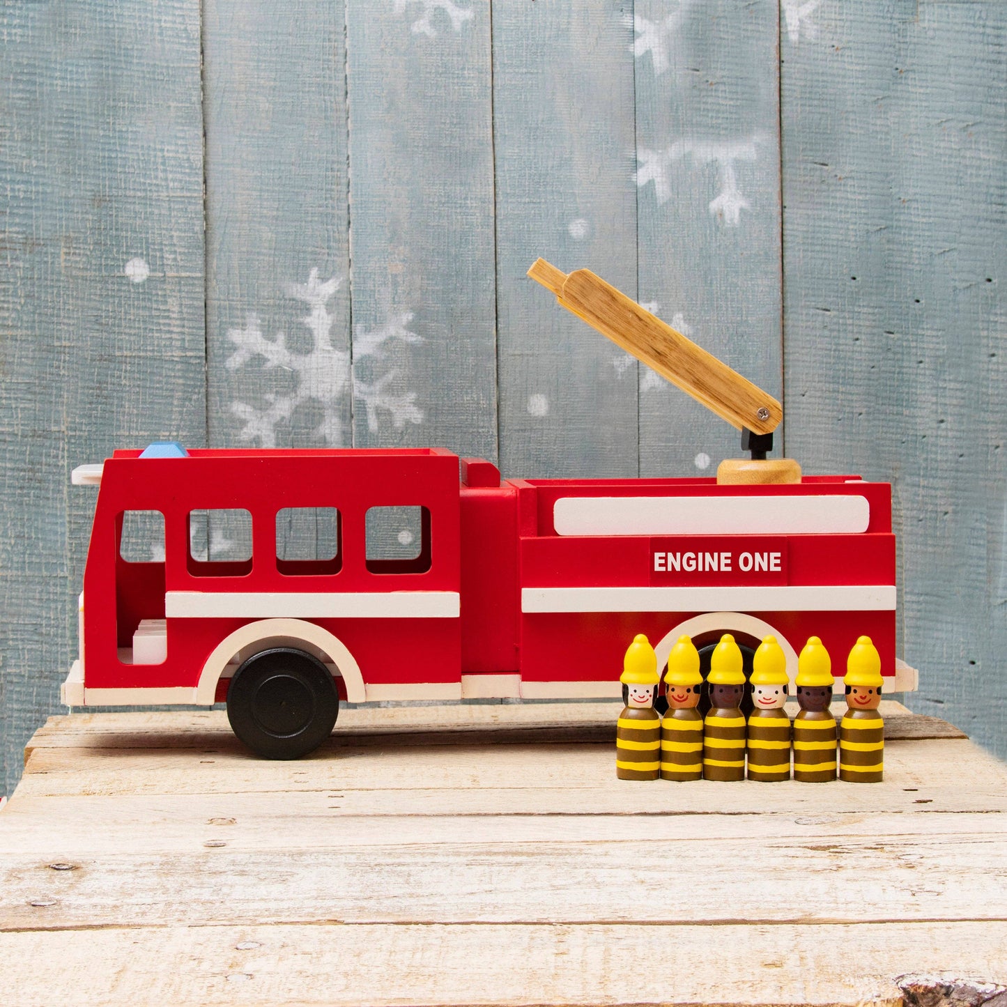 Large Wooden Fire Truck Toy – 20” Ladder Engine with 6 Firefighters
