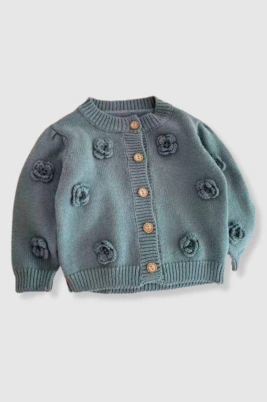 100% Cotton Knit Sweater Cardigan with Floral Detail - Blue: 18-24M